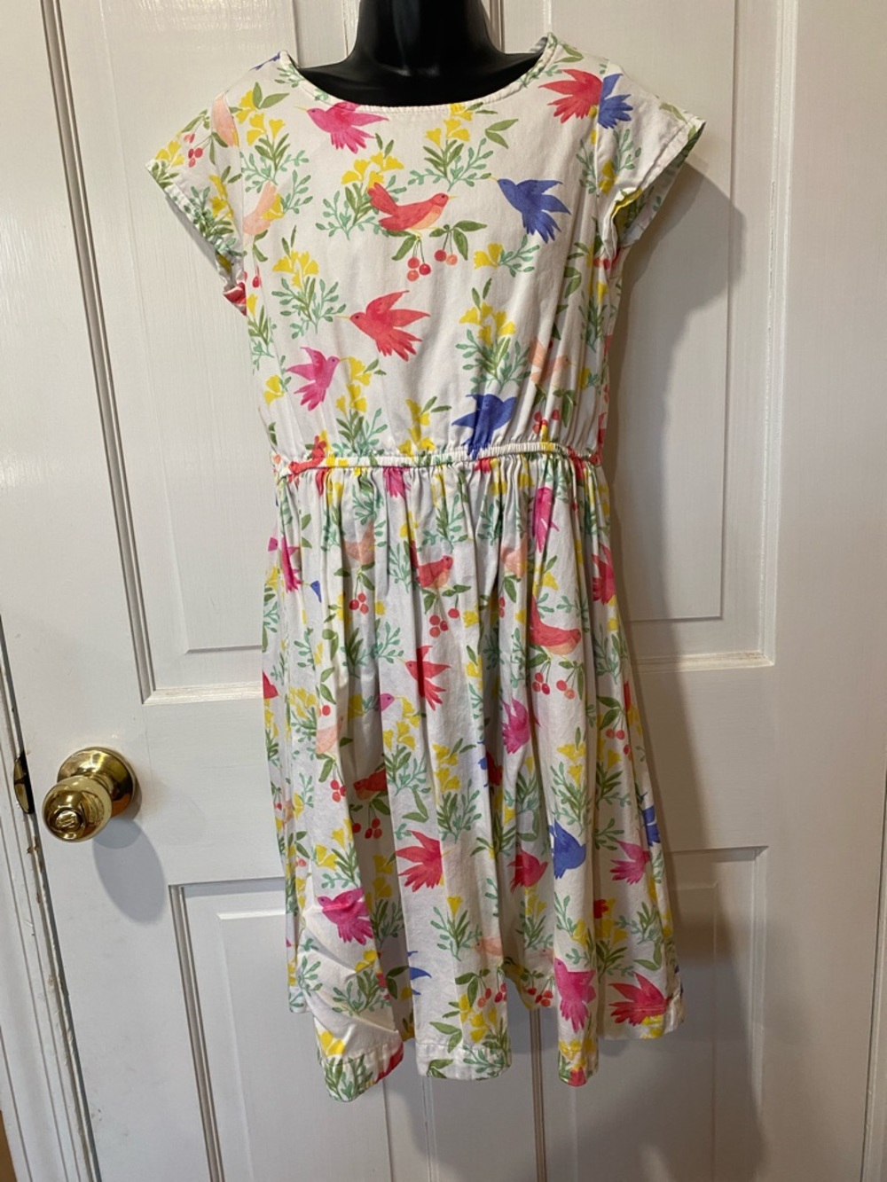Lands' End White Dress with Pink, Blue & Yellow Bird Print